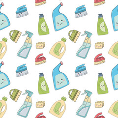 doodle seamless pattern of items for home cleaning. Kawaii smiling faces, cute items. Vector illustration