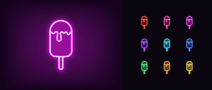 Outline neon popsicle icon. Glowing neon ice cream with stick, eskimo pie pictogram. Popsicle ice cream