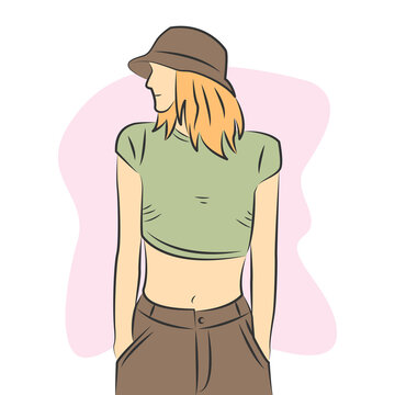 Young female character wearing hat and casual clothes in flat cartoon style