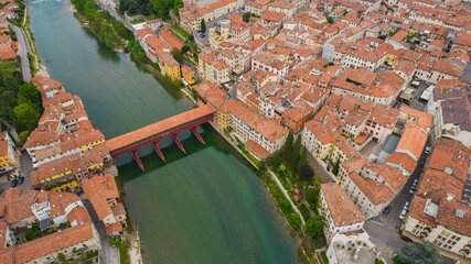 Aerial View of the Alpini Bridge with the Brenta River in Bassano del Grappa, Vicenza, Veneto,...