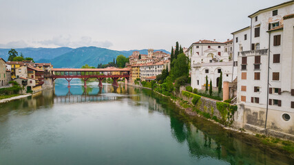 Fototapeta na wymiar Aerial View of the Alpini Bridge with the Brenta River in Bassano del Grappa, Vicenza, Veneto, Italy, Europe