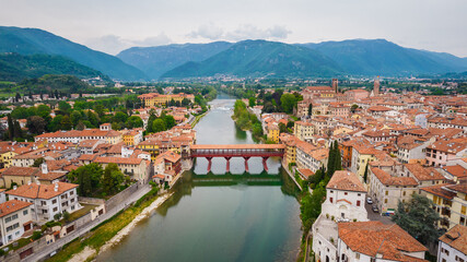 Fototapeta na wymiar Aerial View of the Alpini Bridge with the Brenta River in Bassano del Grappa, Vicenza, Veneto, Italy, Europe