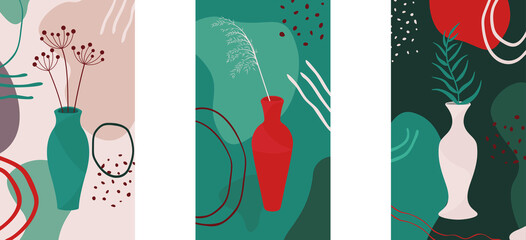 set of trendy posters with vases and hand drawn shapes, boho style