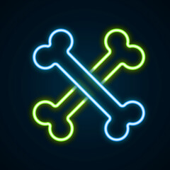 Glowing neon line Crossed bones icon isolated on black background. Pets food symbol. Happy Halloween party. Colorful outline concept. Vector