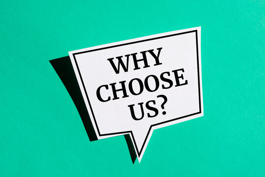 Why Choose Us Question reminder speech bubble isolated on the green background.