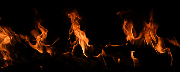 Fire flame isolate on black background. Burn flames, abstract texture. Art design for fire pattern,...