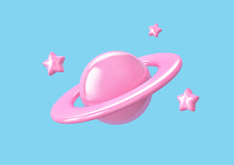 Pink planet with ring around and stars isolated on blue background