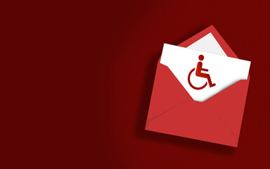Wheelchair Icon in Envelope on Red Background