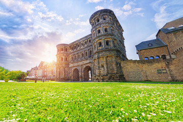  Amazing view of famous Porta Nigra (Black gate) - ancient Roman city gate in Trier, Germany....
