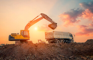 Crawler excavator during earthwork on construction site at sunset. heavy earth mover on...