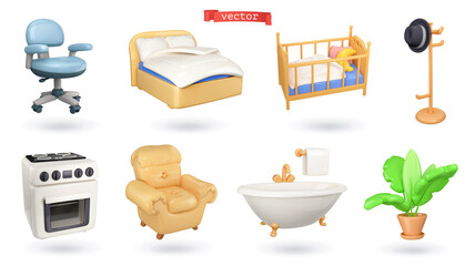 Furniture 3d vector icon set. Bedroom, children's room, hallway, kitchen, hall, bathroom, garden, office - 505838888
