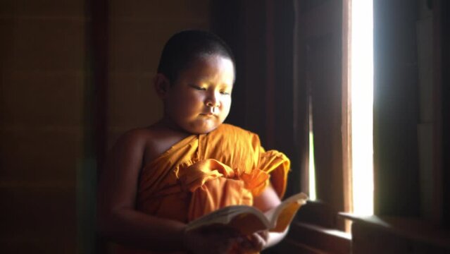 Southeast asian thailand little monk reading book inside monastery, Buddhist teaching. Young novice monk learning inside monastery.
