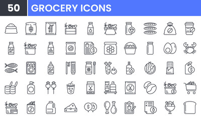 Supermarket Grocery Store vector line icon set. Contains linear outline icons like Bakery, Milk, Vegetable, Dairy, Cheese, Rice, Coffee, Seafood, Fish, Chicken, Fruit, Cart. Editable use and stroke.