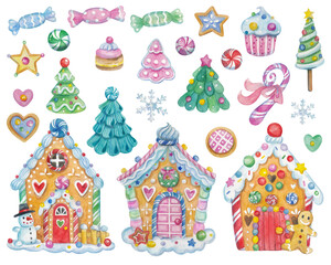 Watercolor illustration with Christmas elements and gingerbread houses