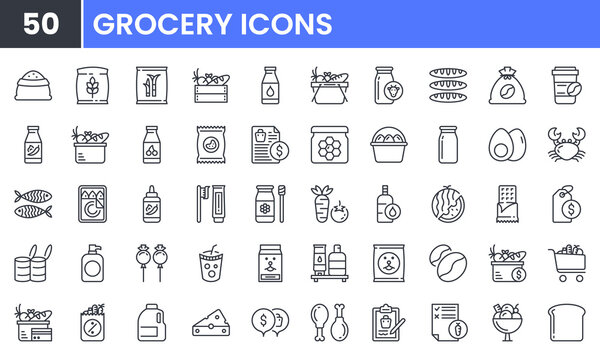 Supermarket Grocery Store Vector Line Icon Set. Contains Linear Outline Icons Like Bakery, Milk, Vegetable, Dairy, Cheese, Rice, Coffee, Seafood, Fish, Chicken, Fruit, Cart. Editable Use And Stroke.