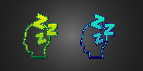 Green and blue Dreams icon isolated on black background. Sleep, rest, dream concept. Resting time and comfortable relaxation. Vector