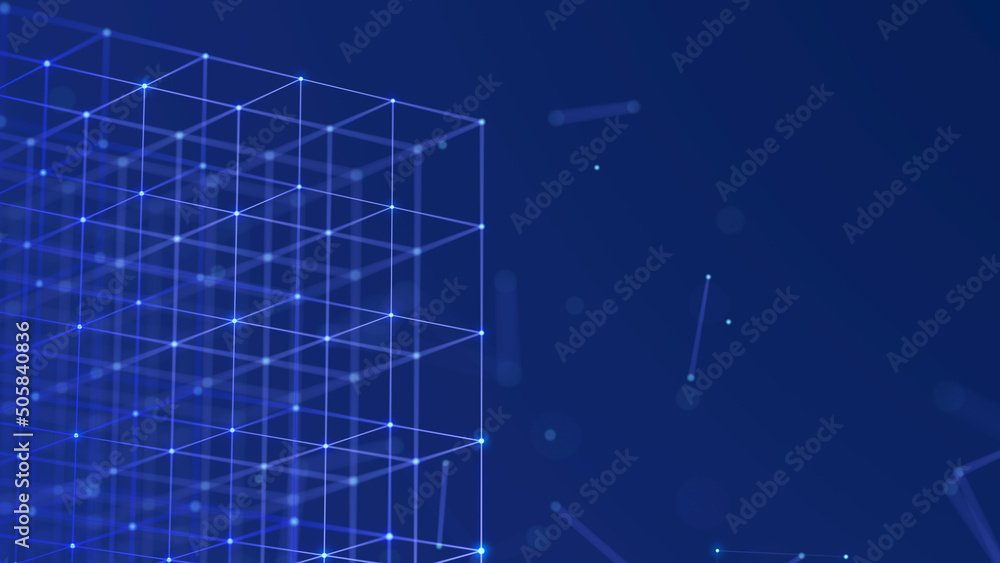 Poster 3d cube of lines and dots. wireframe polygonal element on dark background. science and technology. 3
