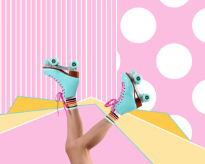 Young woman with retro roller skates on colorful background, closeup. Bright stylish design