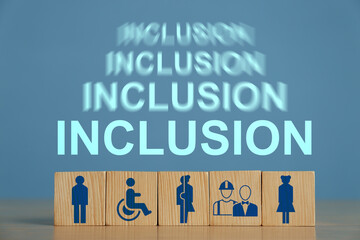 Concept of DEI - Diversity, Equality, Inclusion.Wooden cubes with different images on table