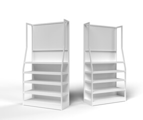 Empty Product Stands For Supermarket., Empty Displays With Shelves Products On White Background Isolated. Retail shelf.,display mockup retail shelves stand pos POSM.3d rendering mock up.
