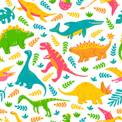 Fototapeta premium Cute dinosaurs and tropical plants, childrens colorful print on fabric, postcards. Vector seamless pattern on white background