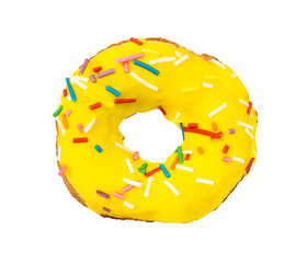 yellow donut with colorful sprinkles isolated on white background