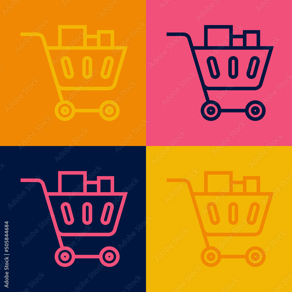 Canvas Prints Pop art line Shopping cart and food icon isolated on color background. Food store, supermarket. Vector