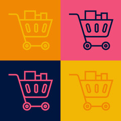 Pop art line Shopping cart and food icon isolated on color background. Food store, supermarket. Vector