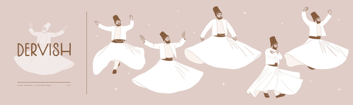 Collection of dancing dervishes in different poses. Semazen, vector illustration isolated. Sufi religious dance. Traditional Turkish image for the design of tourism and souvenir products.
