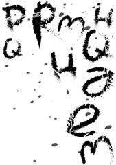Grunge word cloud abstract background vector. Scratch magazine pattern, urban street graffiti art. Rough letter, ink brush splash, dirty stain wallpaper. Monochrome newspaper backdrop illustration.