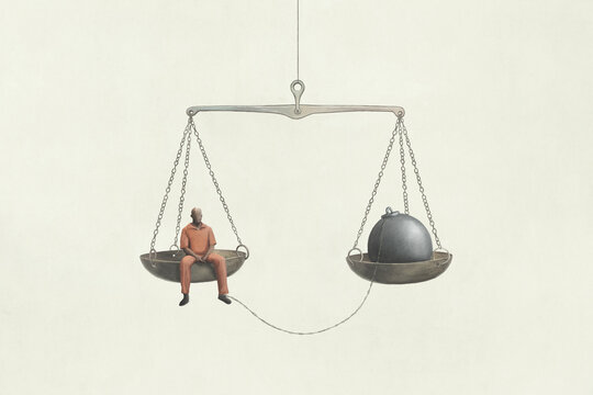 Illustration of a man and his punishment for the crime he committed, surreal justice concept