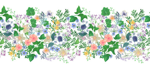 Watercolor painting seamless border with meadow flowers