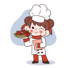 Cute young chef girl smiling and holding a pork steak.cartoon vector art illustration