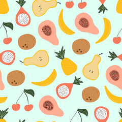 Seamless pattern with yellow bananas, pineapples and juicy strawberries on mint green background. Cute vector background. Bright summer fruits illustration. Fruit mix design for fabric and decor.