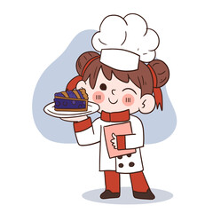 Cute young chef girl smiling and holding a piece of blueberry pie.cartoon vector art illustration