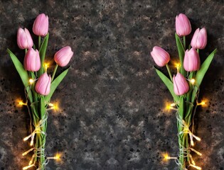 Bouquet of pink tulips with warm light garland on black concrete background with copy space. Spring...