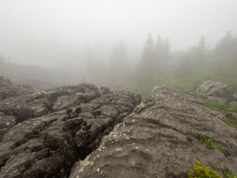foggy and rainy weather and mysterious landscape texture on the summits of the mountains