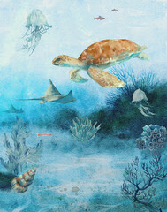 Underwater life scene. Wayercolor illustration with turtle, jellyfish, coral reef animals and seaweed.