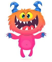 Funny cartoon smiling monster creature. Halloween Illustration of happy alien character. Vector isolated