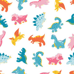 Fototapeta na wymiar Dinosaur seamless pattern. Cute cartoon dinosaurs, triceratops, reptile, dragon, monster flat pattern. Seamless texture with baby kid animal. Vector illustration on white background.