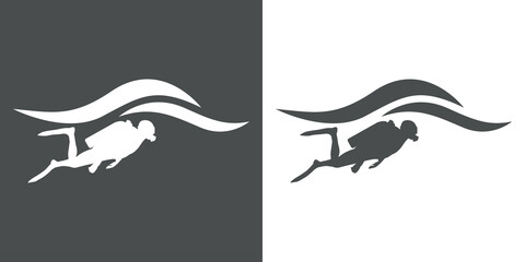 Beach holidays. Logo buceo. Oceáno con olas y silueta de buzo en fondo gris y fondo blanco