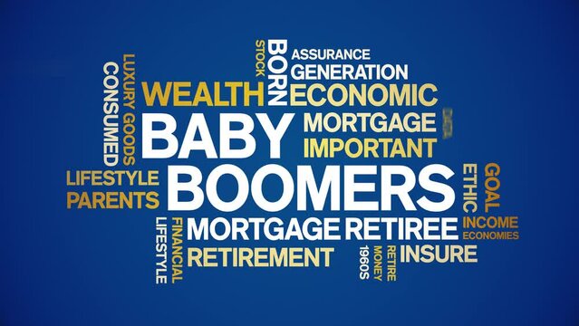 Baby Boomers animated tag word cloud;text design animation kinetic typography seamless loop.