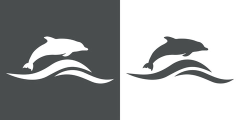 Logo oceáno con olas y silueta de delfin en fondo gris y fondo blanco