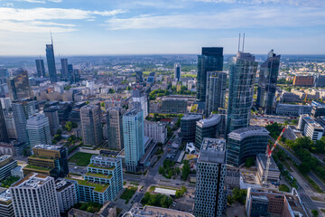 Naklejka na ściany i meble Warsaw overcast. The capital of Poland from a drone. Panorama of Warsaw from the side of Wola.
