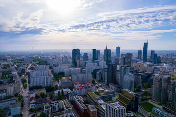 Warsaw overcast. The capital of Poland from a drone. Panorama of Warsaw from the side of Wola. - obrazy, fototapety, plakaty
