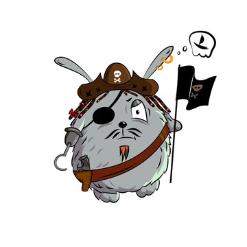 Cute cartoon rabbit pirate with black flag. Image suitable for stickers, scrap booking.