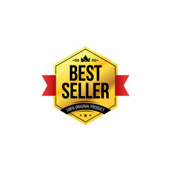 Golden best seller icon with red ribbon isolated on white background. Best selling gold tag sales label, medal, logo, badge, quality product warranty guarantee. business certificate illustration