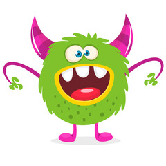 Funny cartoon smiling monster creature. Halloween Illustration of happy alien character. Vector isolated