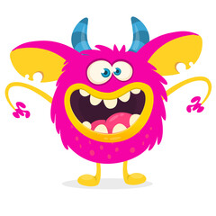 Funny cartoon smiling monster creature. Halloween Illustration of happy alien character. Vector isolated