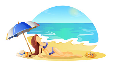 Seaside concept. The girl is resting on the beach under an umbrella.